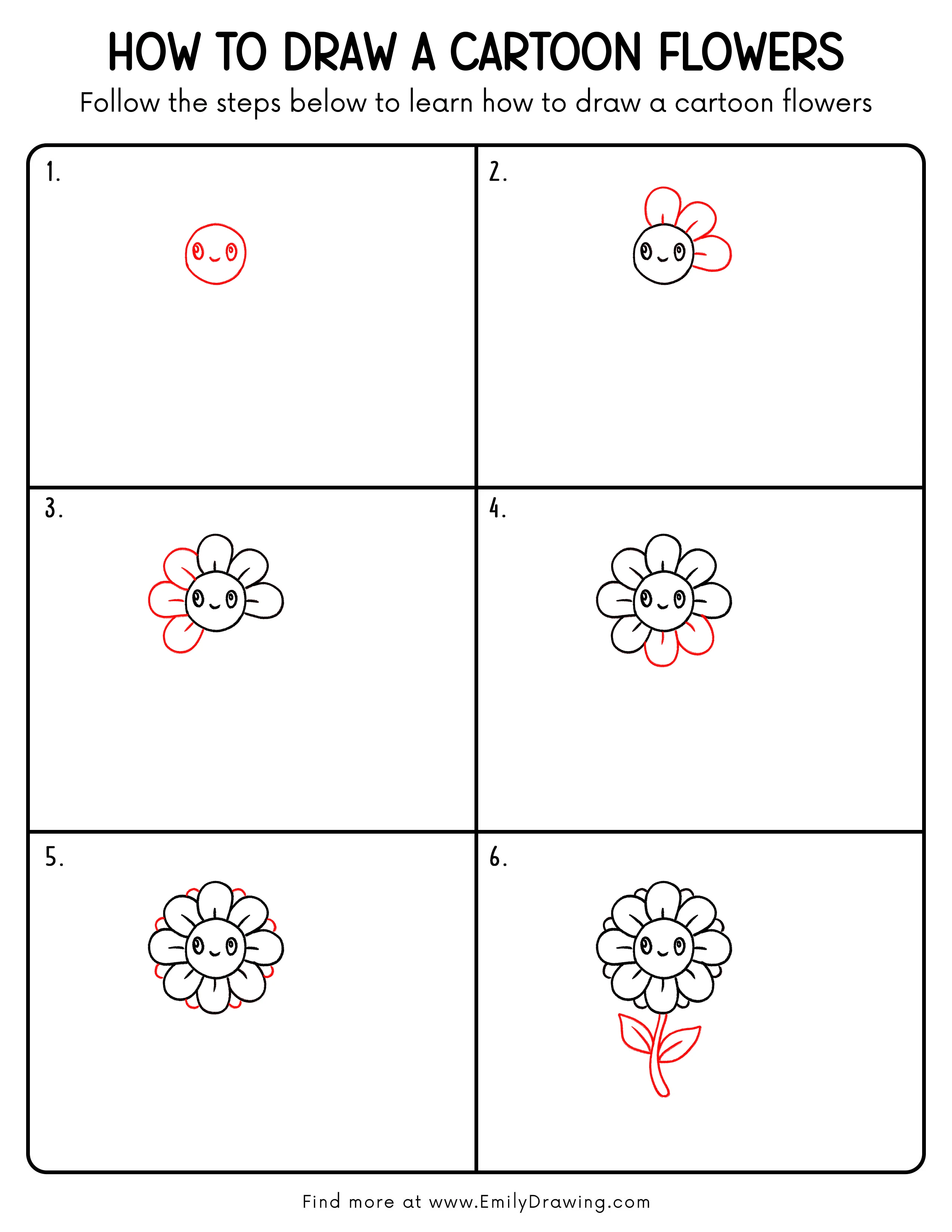 Printable Cartoon Flowers Drawing Guide